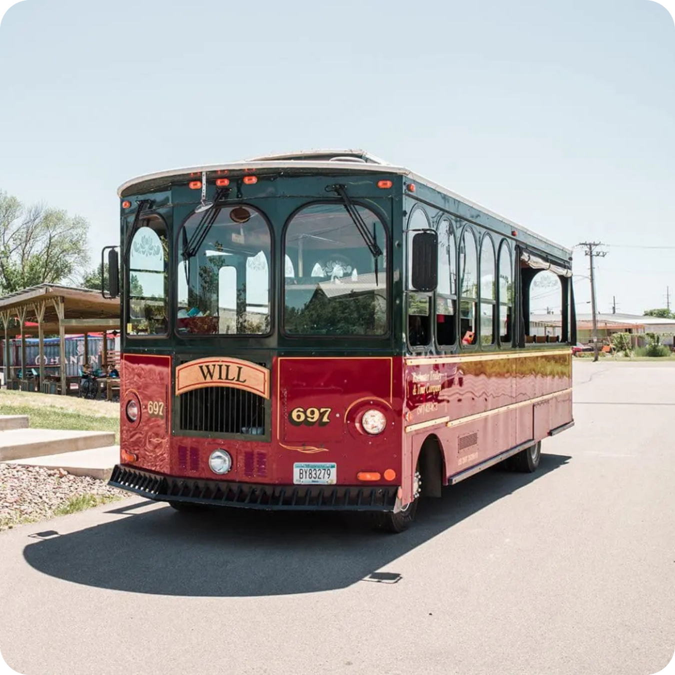 A vintage red and green trolley names Will in Rochester MN 